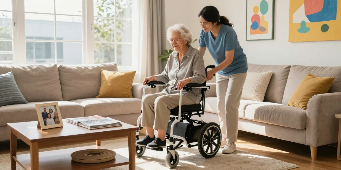 Buy nobility aids while enjoying an empowering moment in home healthcare, showcasing an elderly person with a mobility aid and family support.