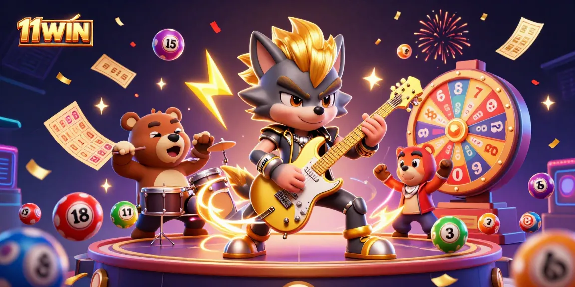 Experience thrilling gaming at 11WIN with vibrant casino elements and energetic cartoon characters.