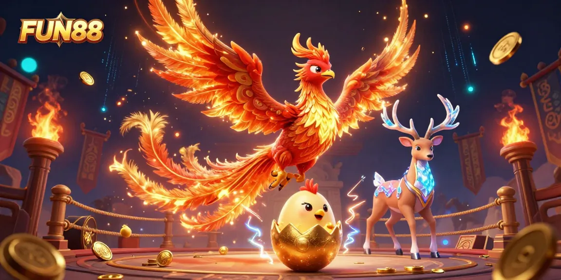 Experience the excitement of FUN88 with a vibrant illustration of a phoenix and mystical stag in a dynamic casino setting.