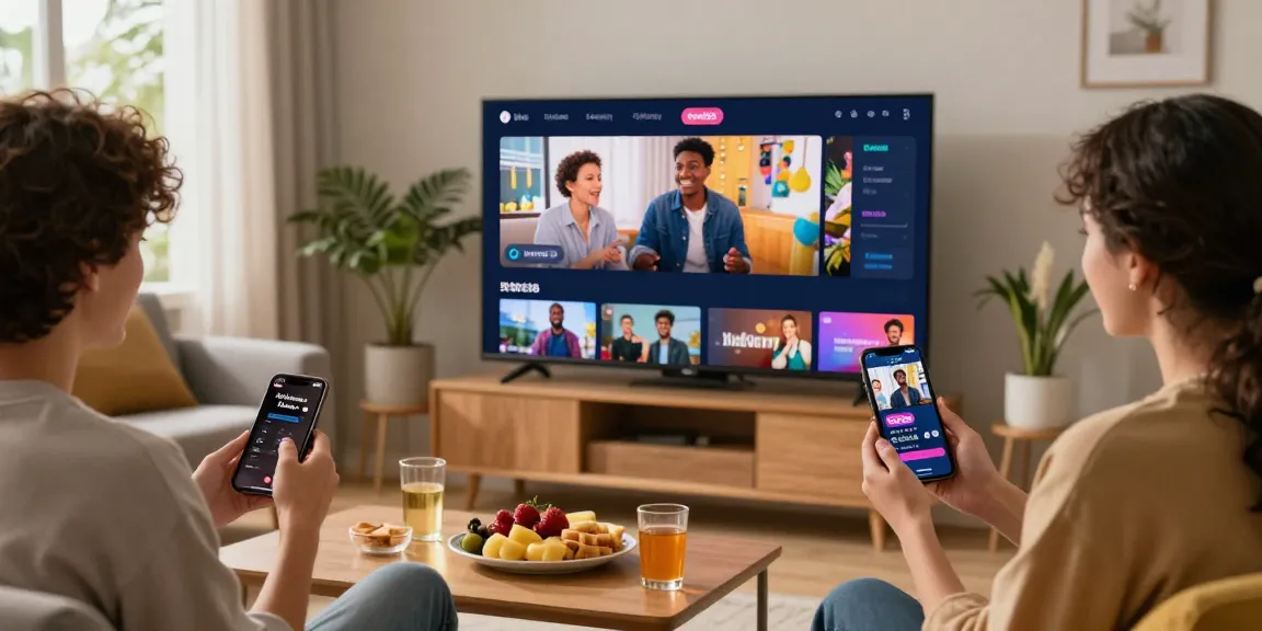 Engaging group watching rokok88 episodes in a modern living room.