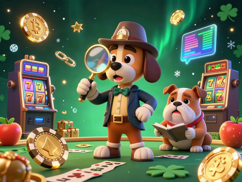 Engage with u88's vibrant casino scene featuring a detective dog exploring poker chip clues amid Bitcoin coins and lively game elements.