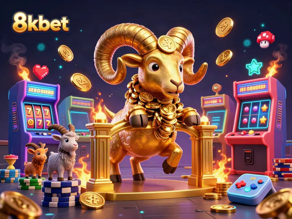 Engage with the dynamic world of 8kbet as golden ram bursts through a casino gate amidst vibrant game elements.