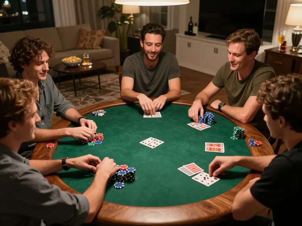 Players engaging in poker strategy at home during a lively game night featuring 68 Game Bài.