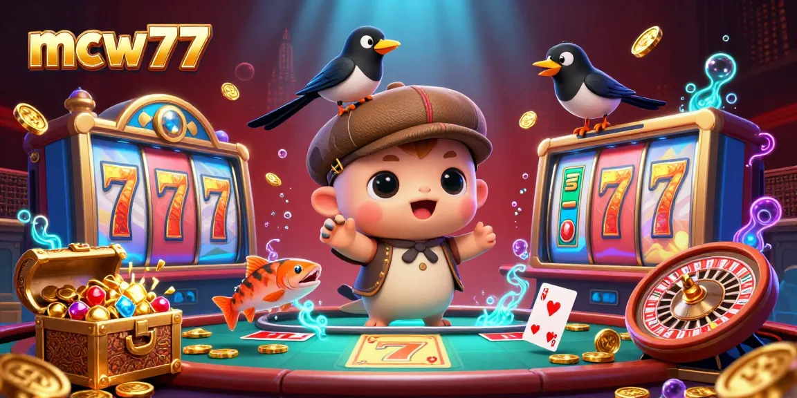 Experience thrilling action at mcw77's vibrant casino scene with a playful Nessie and exciting slot game elements.