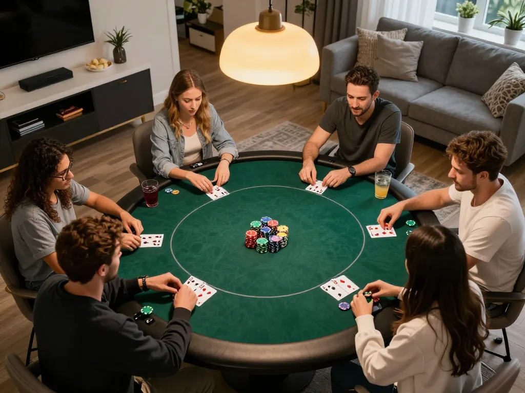 Engaged players at home enjoying online poker game on https://lc88.it.com/ with colorful chips.
