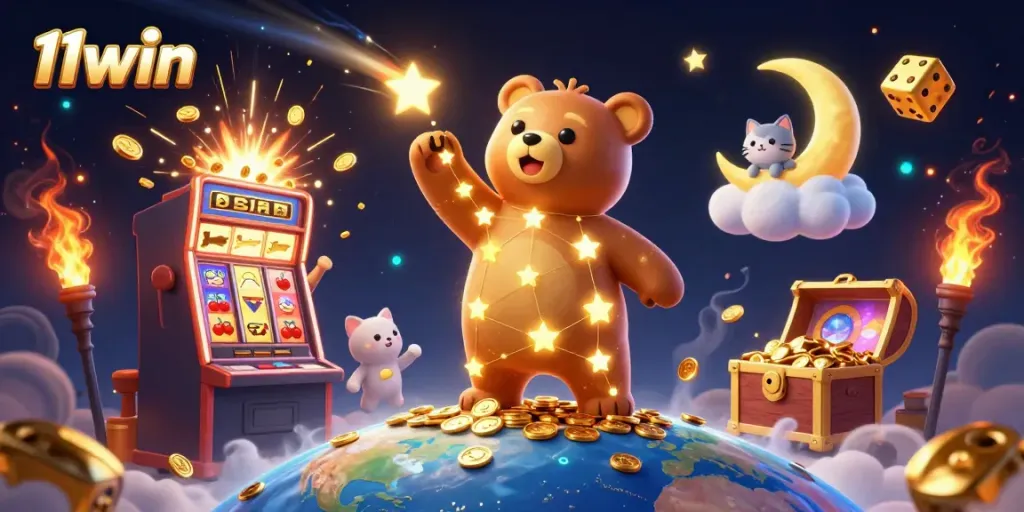 Experience excitement with 11win's cosmic casino scene featuring a constellation bear scooping coins.