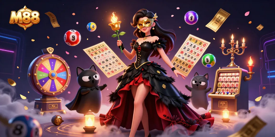 M88 offers thrilling casino games, showcased by a lavish scene of excitement and winnings.