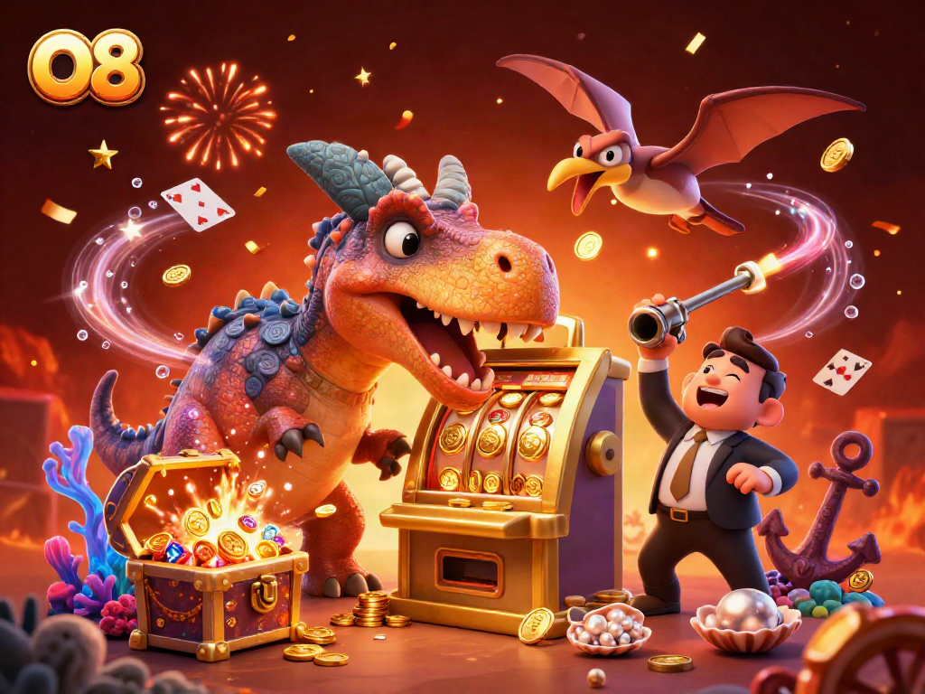 Experience O8: A pachycephalosaurus wins at a slot machine in a vibrant casino scene.