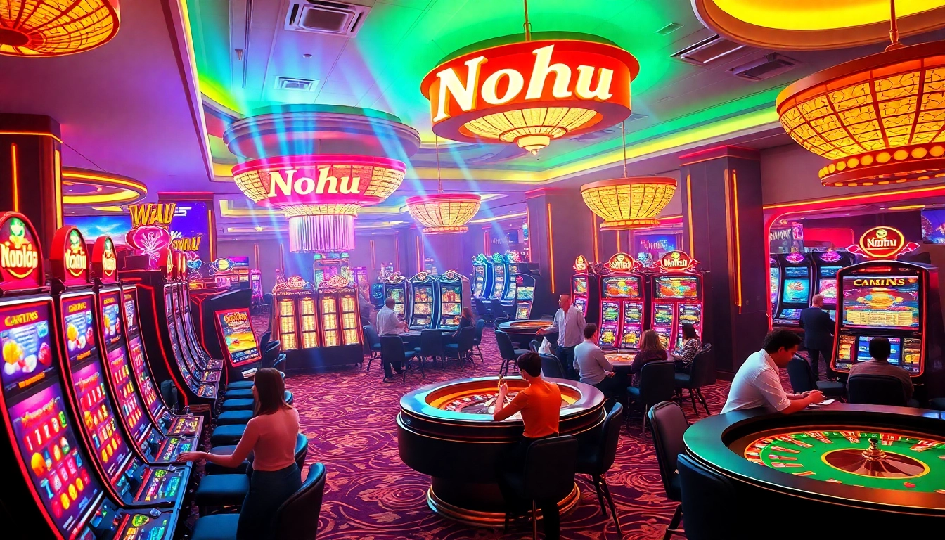 Nohu casino scene featuring players engaged with slot machines and roulette tables.