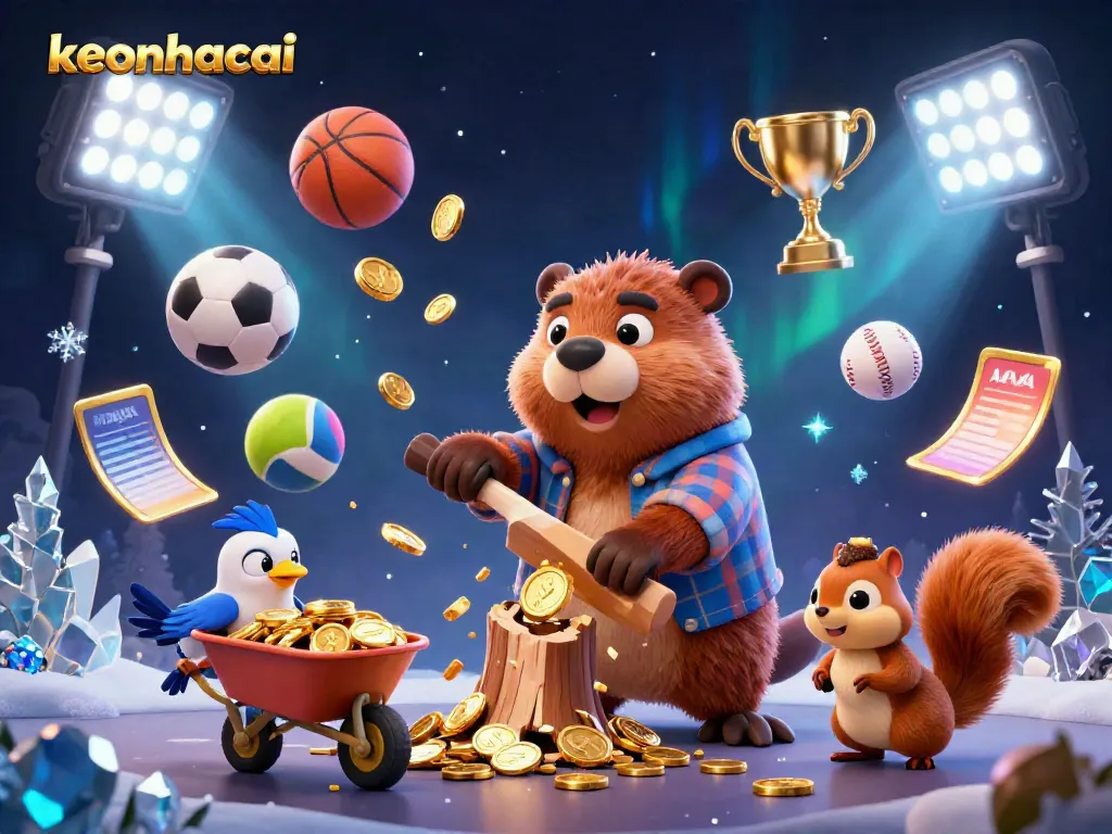 Experience keonhacai action with a vibrant 3D scene featuring playful characters collecting gold coins in a dynamic gambling landscape.