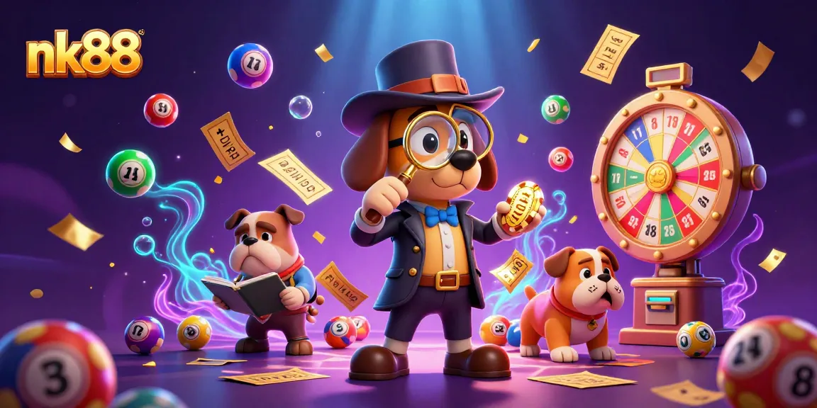 Join the adventure at nk88 with a detective cartoon uncovering casino treasures amidst vibrant game elements.