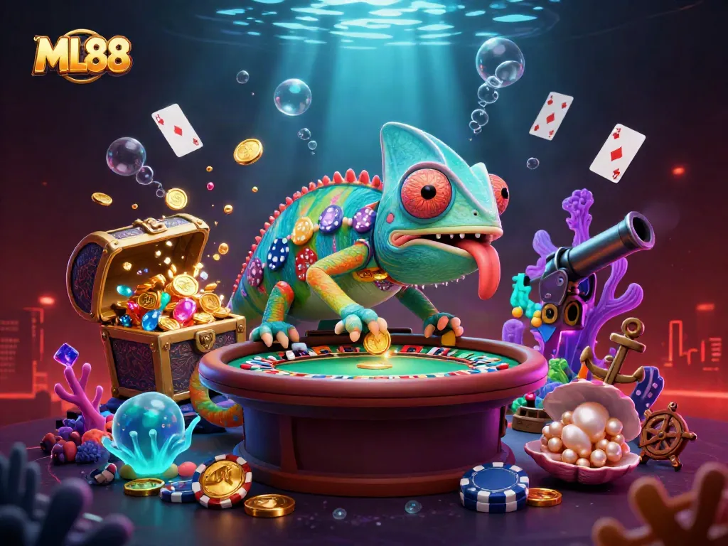Experience the vibrant casino world at ML88 with a colorful chameleon owner and dynamic game elements.