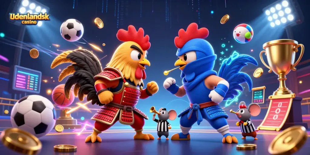 Engage with the excitement of udenlandsk casino in a dynamic clash of roosters, sports balls, and shimmering elements.