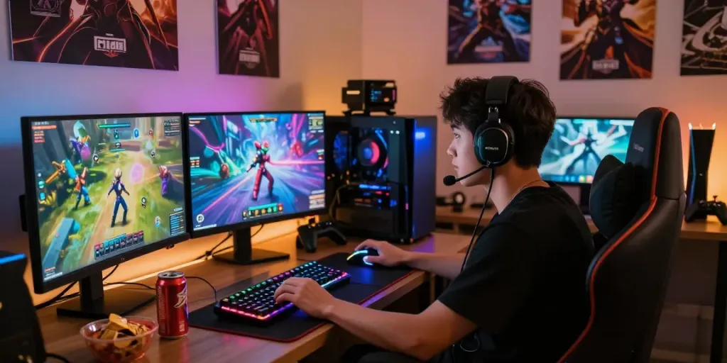 rokok88 login at a vibrant gaming setup featuring monitors and snacks