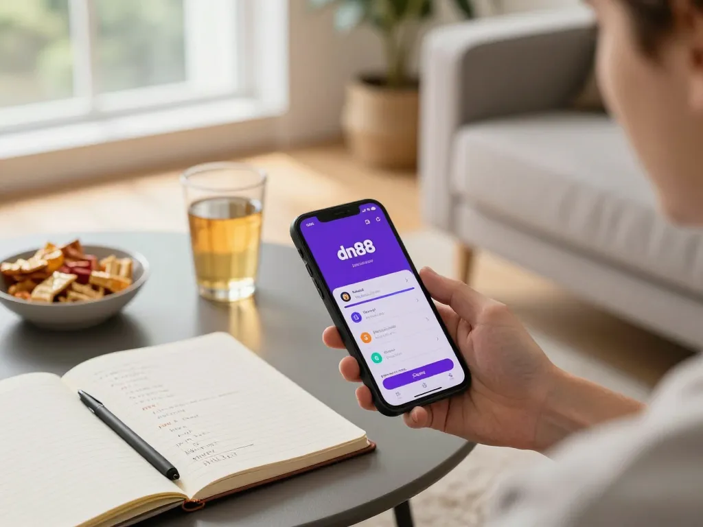 Player engaging with app dn88 in a cozy home setup, reflecting responsible gambling.