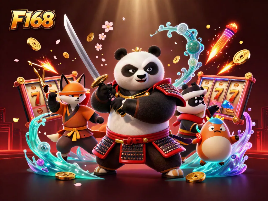 Engage with the thrilling and colorful F168 slot adventure featuring dynamic characters and casino elements.