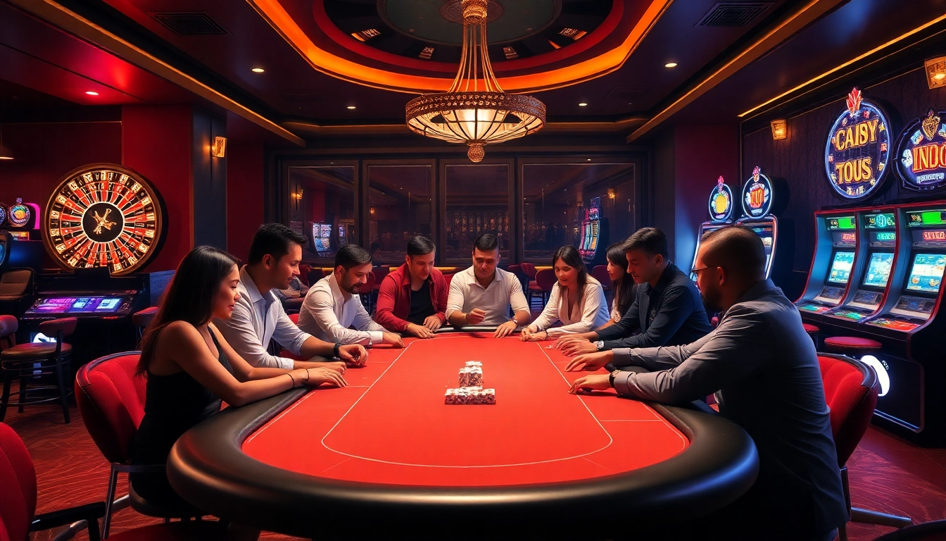 KJC players enjoying a game at a vibrant poker table in a luxurious casino setting