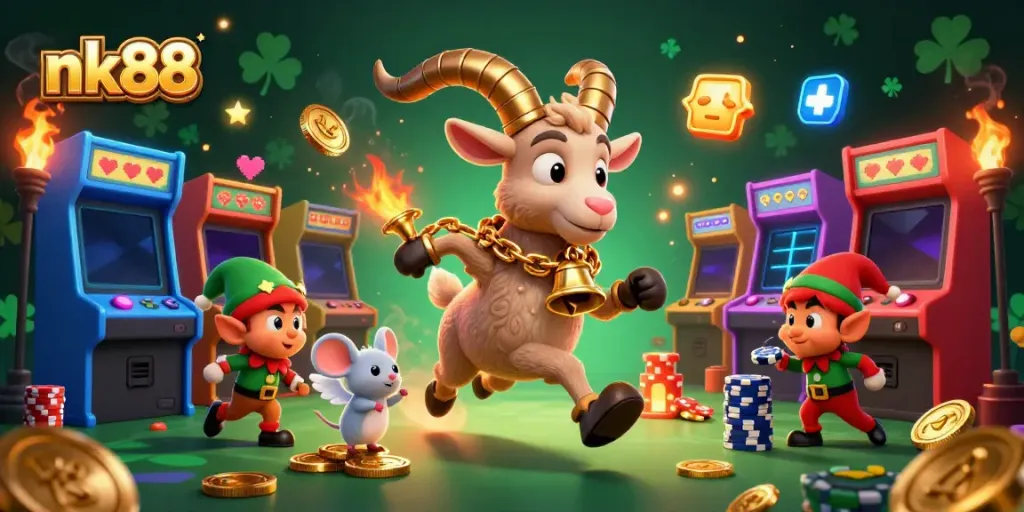 Engage in thrilling gameplay at nk88 casino with festive characters in a vibrant, animated scene.