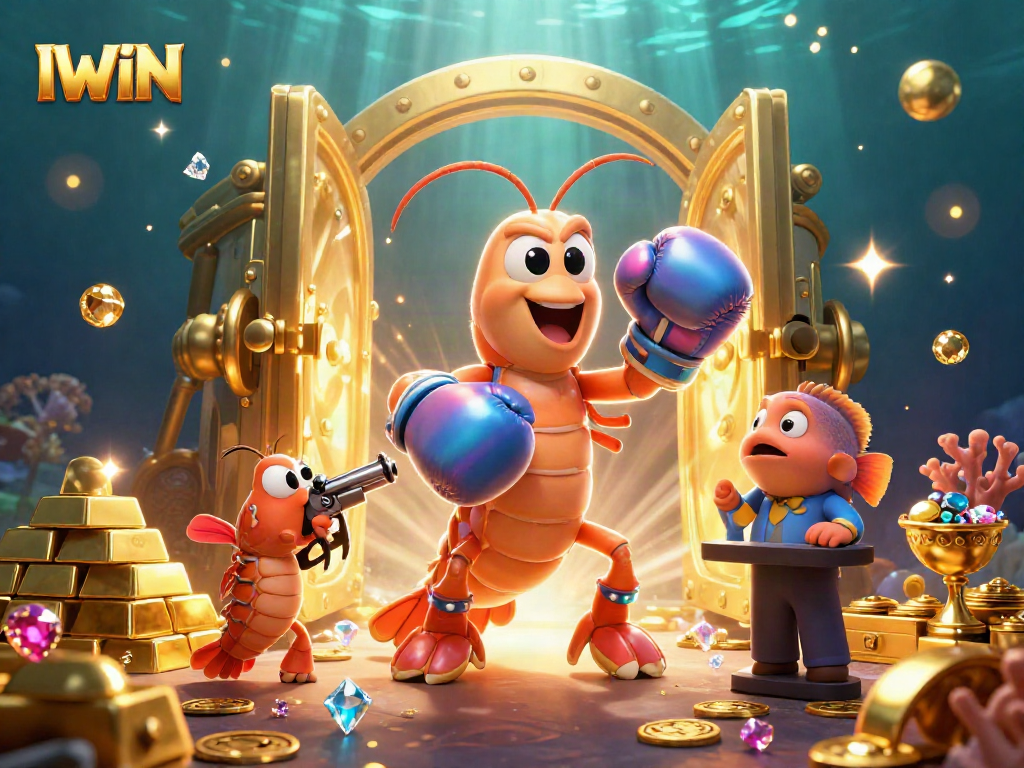 IWIN showcases a vibrant gambling scene with energetic characters amidst golden treasures.