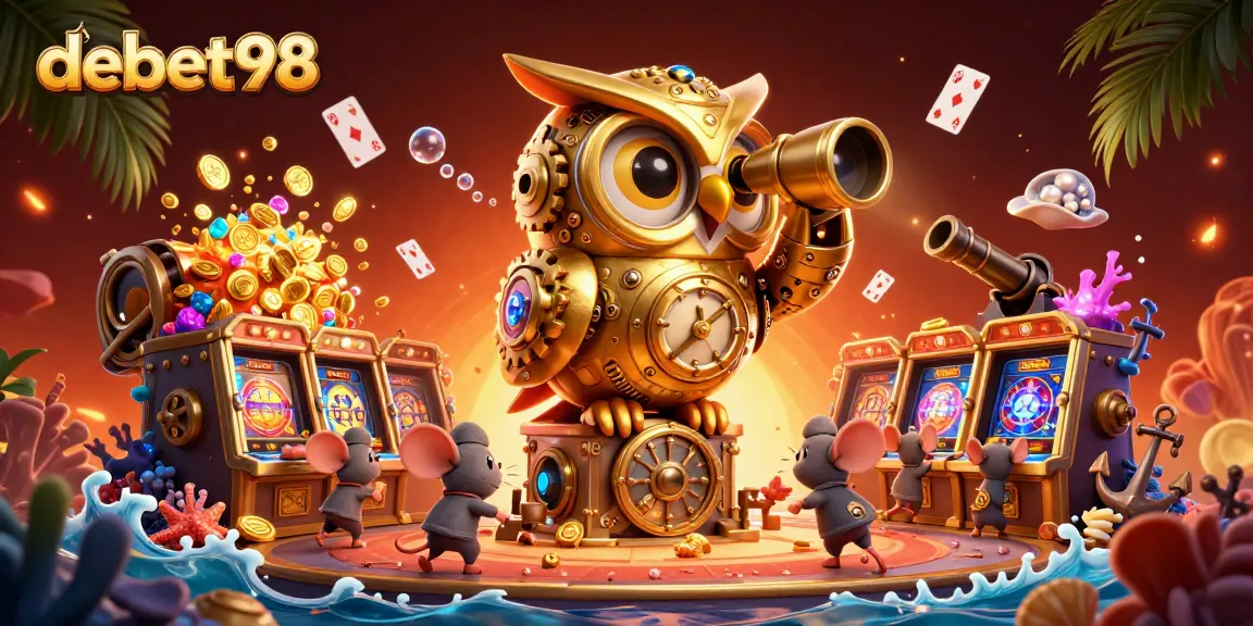 Experience thrilling fun at debet98 with a vibrant 3D casino scene showcasing slot machines and lively characters.
