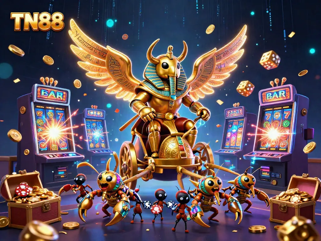 Experience the excitement of TN88 with a dazzling casino illustration showcasing thrilling slot machines and dynamic characters.