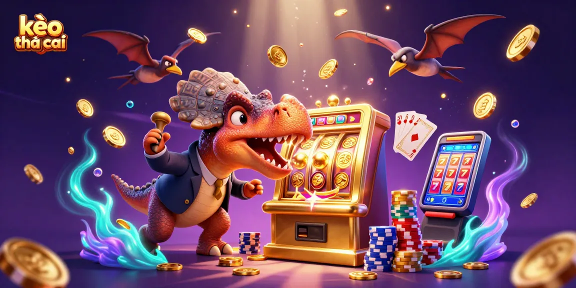 Experience the excitement of kèo nhà cái with a vibrant 3D casino scene featuring dinosaurs and slot machines.