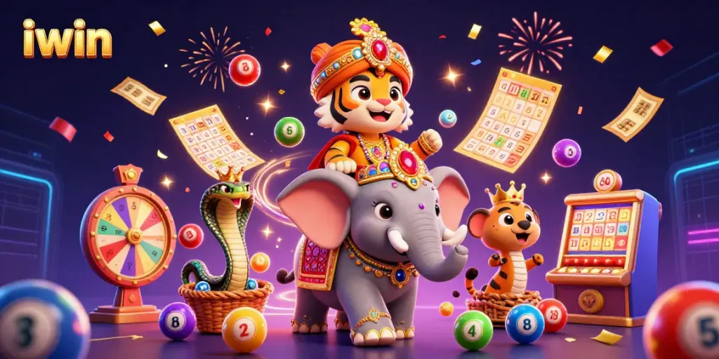 Experience exciting gameplay with iwin featuring a vibrant 3D scene of a tiger, elephant, and gambling elements.
