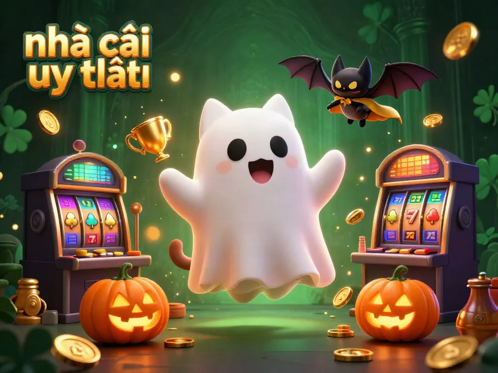 Witness a ghost cat and a bat companion in a haunted casino as they encounter slots and golden trophies, embodying nhà cái uy tín.