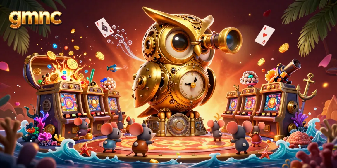 Discover GMNC's casino dynamics with a clockwork owl guiding players through vibrant gaming adventures.
