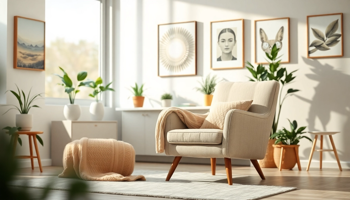 A tranquil therapist's office setting designed for stress and anxiety relief, featuring a cozy armchair and calming decor.