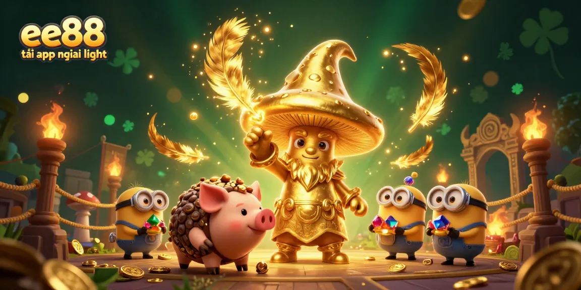 Engage with ee88 tải app mới nhất, featuring vibrant golden wizard, treasure-hunting pig, and playful mushroom minions.