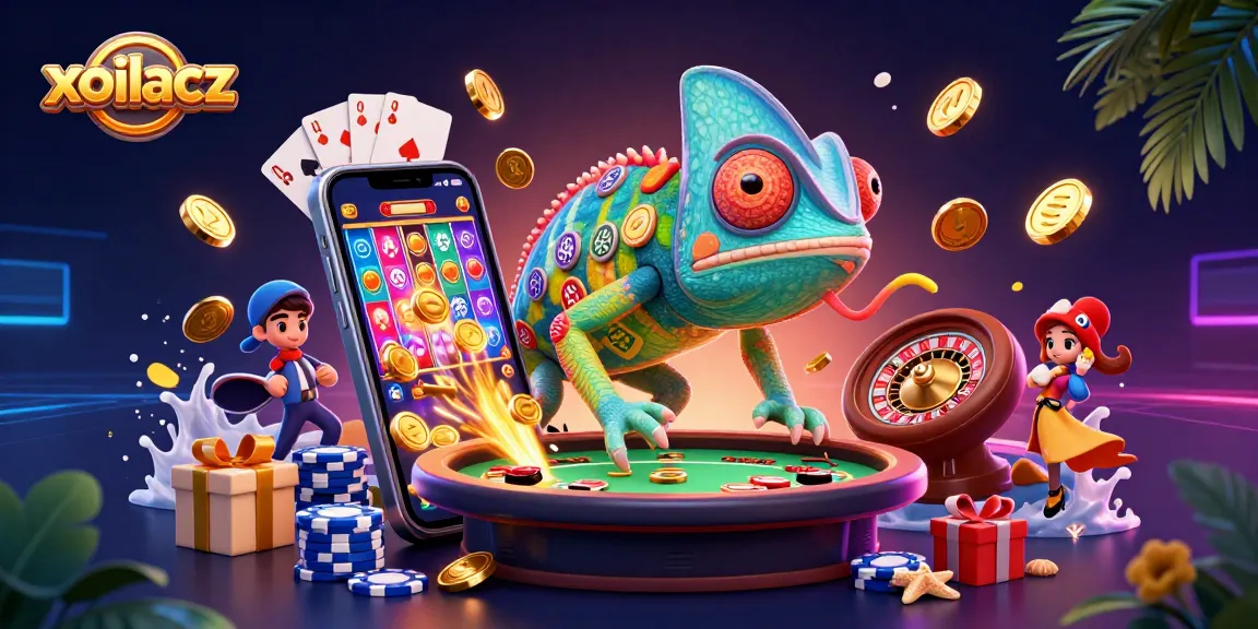 Xoilacz chameleon casino owner catching coins, surrounded by dynamic gaming elements, showcasing vibrant gambling scene.