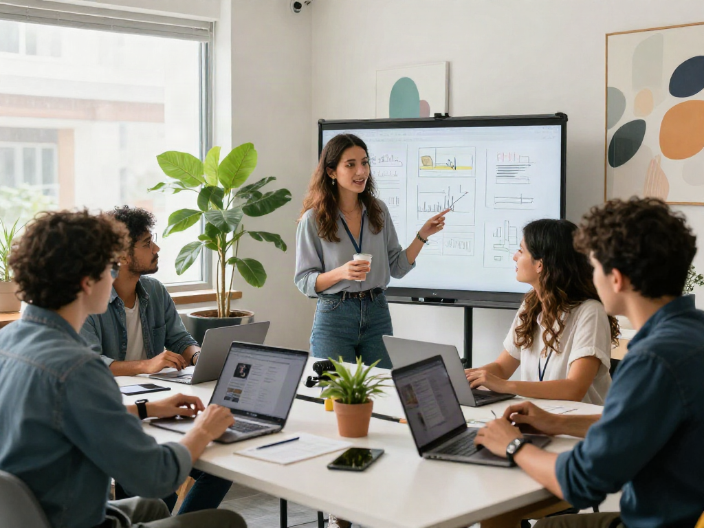 Team members crush on innovative ideas in a bright tech workspace.