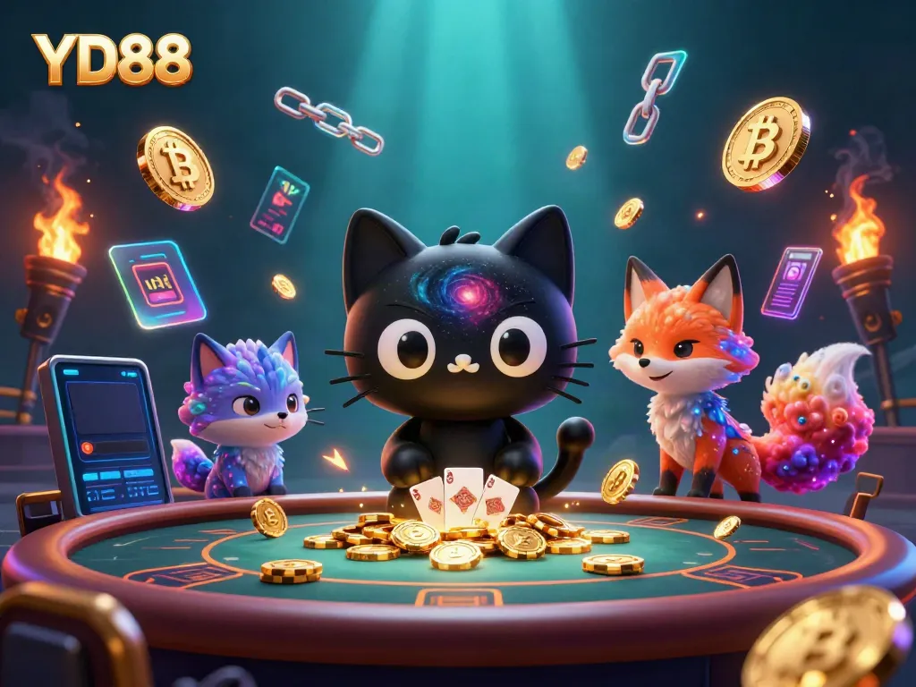 Engage with YD88, featuring vibrant 3D characters at a cosmic casino table surrounded by cryptocurrency elements.