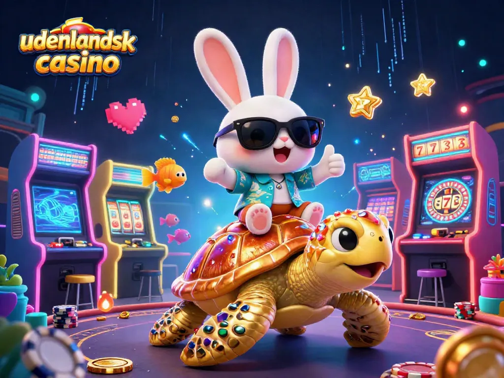 Experience the excitement of udenlandsk casino with a lucky rabbit and golden turtle in a vibrant gaming scene.