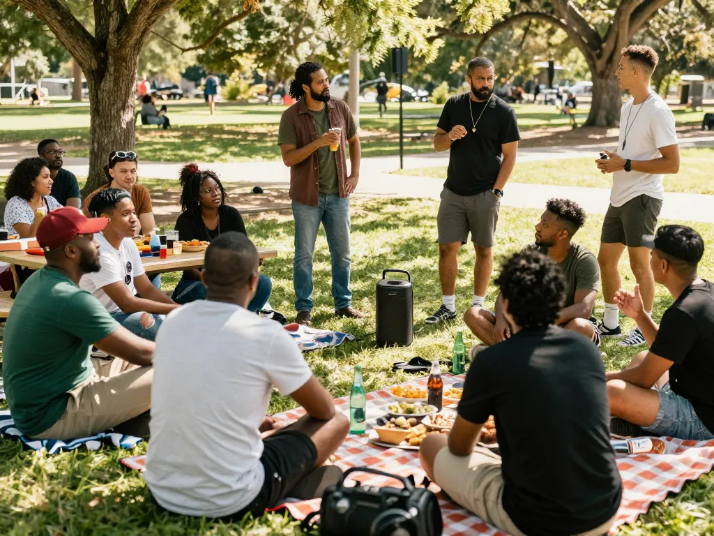 Men's club picnic gathering discussing personal growth and friendships.
