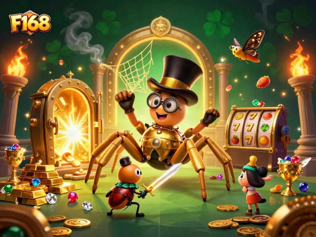 Experience F168 gameplay with a vibrant scene of thrilling casino elements and lively characters.