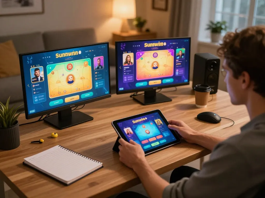 Player using Sunwin app on tablet during online gaming session, showcasing comfortable home setting and interaction with digital games