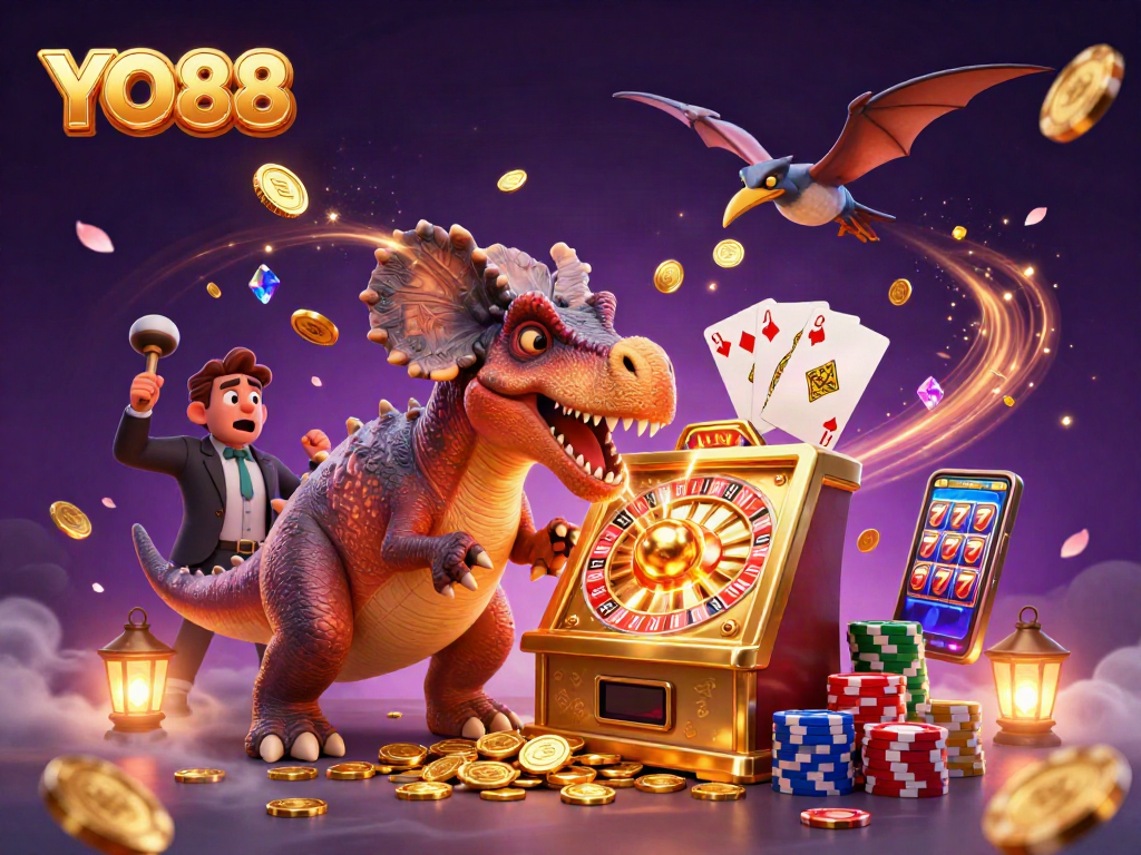 YO88 showcases an exciting scene with a pachycephalosaurus jackpot frenzy in a vibrant casino.