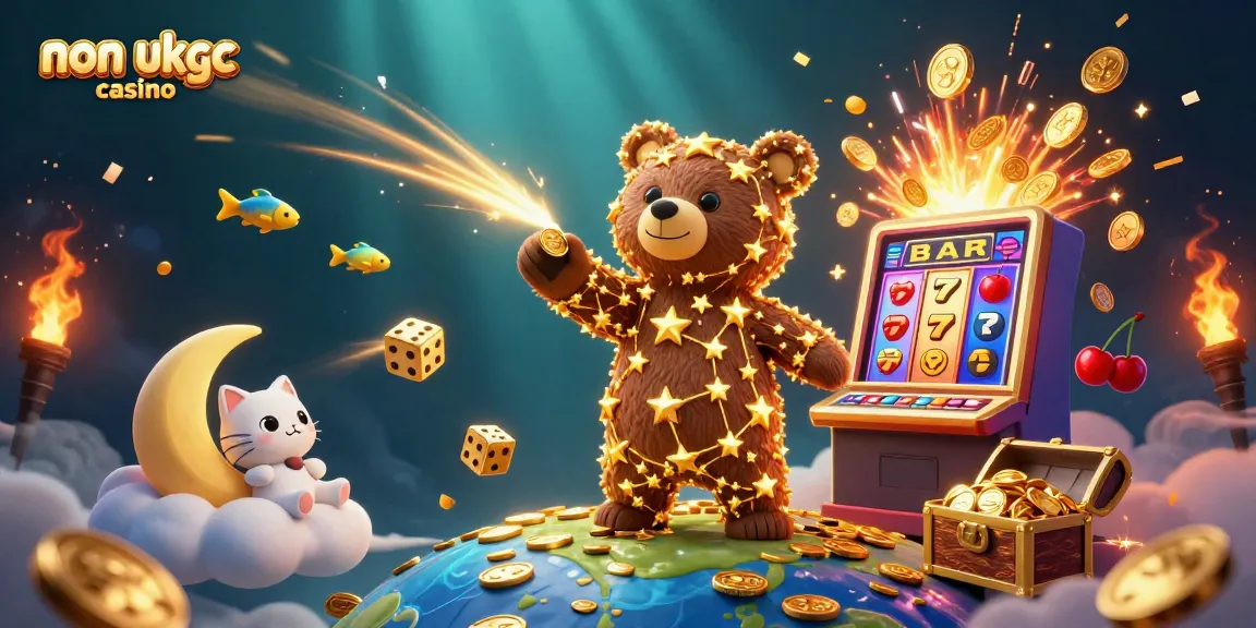 Experience the thrill of non ukgc casino action with vibrant 3D illustration of gaming elements and characters.