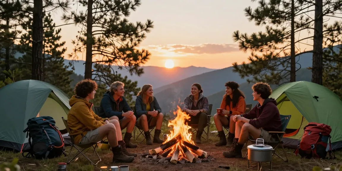 Group camping gear session at sunset, enjoying outdoor camaraderie with rokok88 adventures.