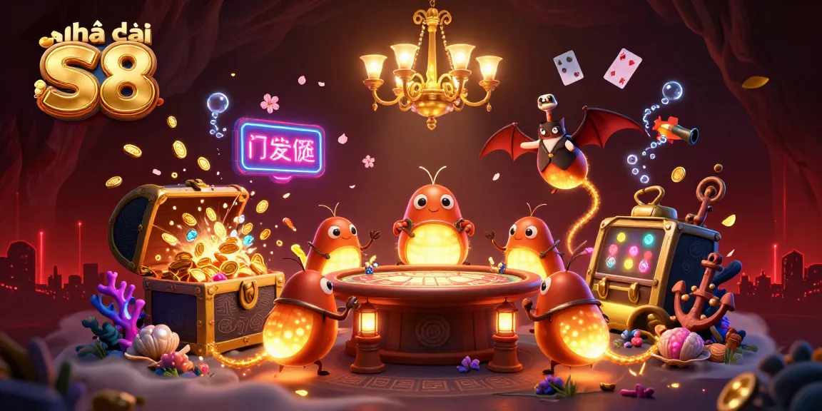 Experience the vibrant thrill of Nhà cái S8's bioluminescent casino adventure amidst treasure in this 3D illustration.