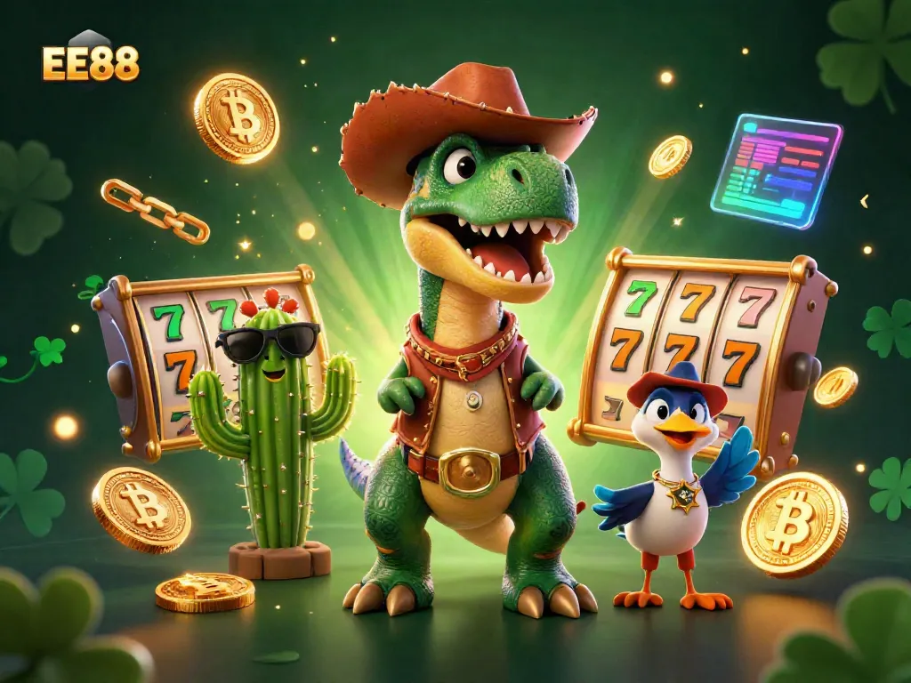 Join the adventure with EE88, where a T-Rex cowboy spins slots amidst shining coins and dynamic game elements.