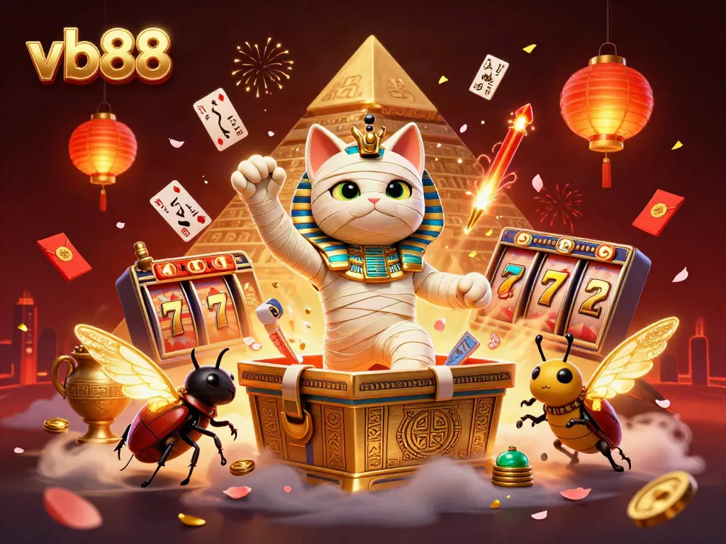 Experience the thrilling moments of vb88 with a lively Egyptian mummy cat and casino elements bursting into action.