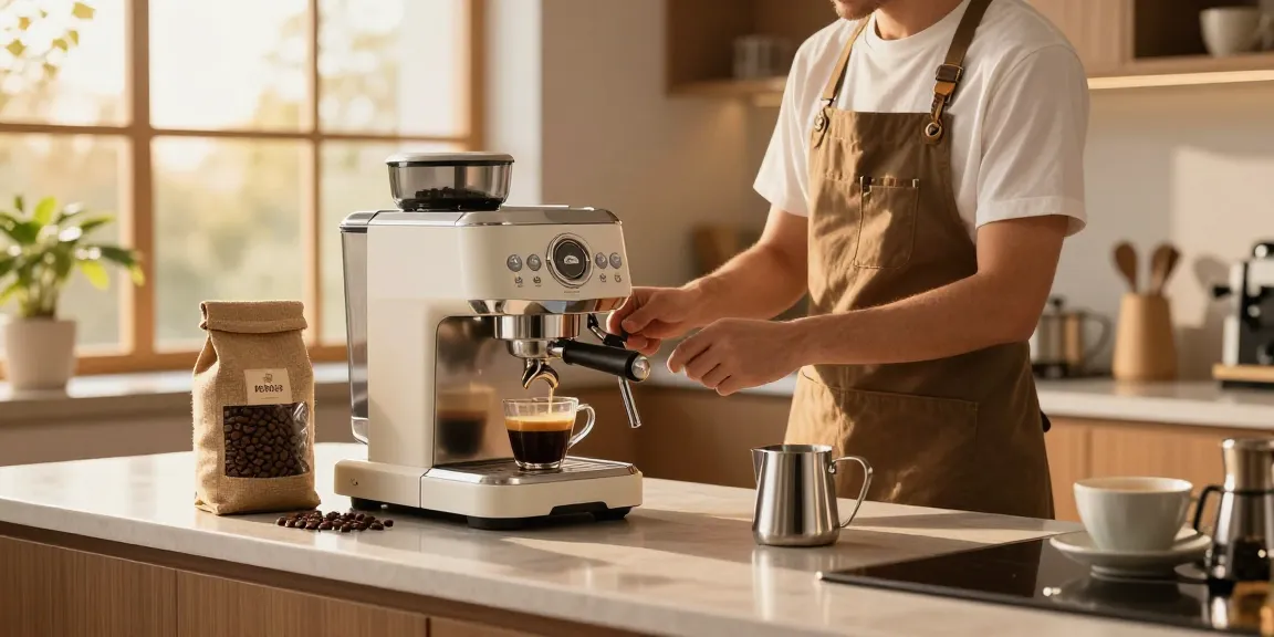 Barista brewing espresso with ROKOK88 machine in a modern kitchen.