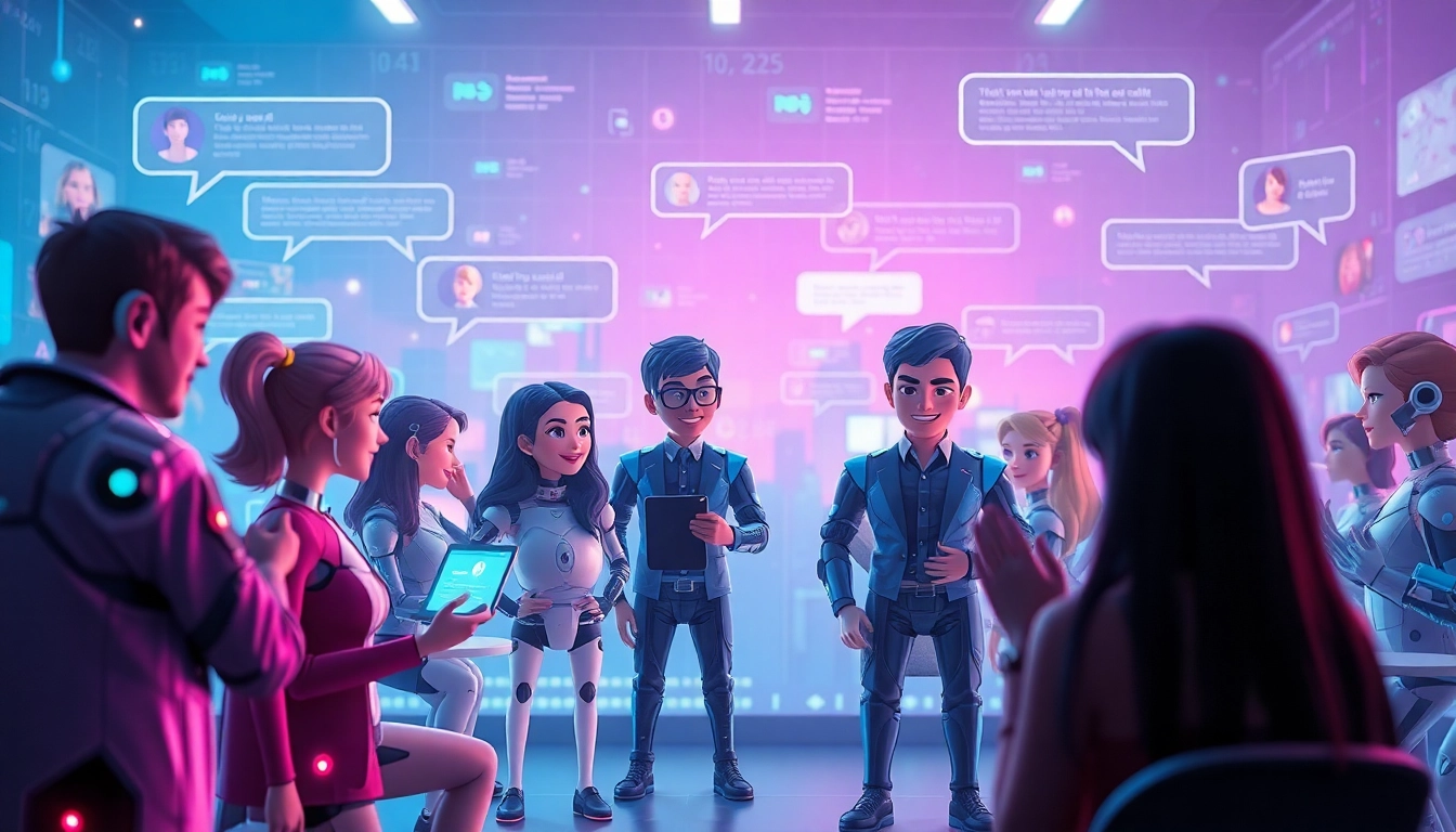Interactive digital chat environment with Crushonai characters and vibrant colors