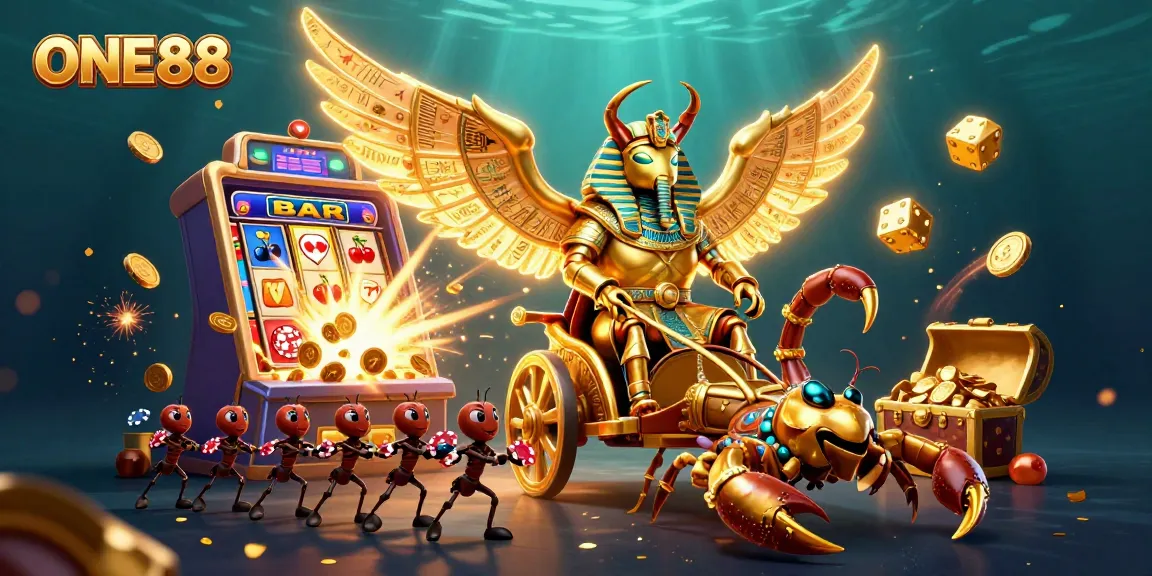 Engage in thrilling gameplay at ONE88 with a spectacular golden scarab and casino elements bursting with action.