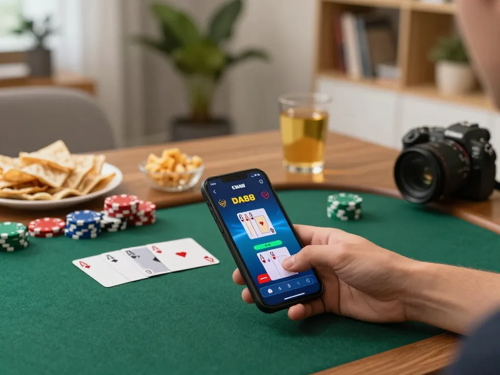 Engaged player using DA88 app for online poker gaming amidst a cozy home setting