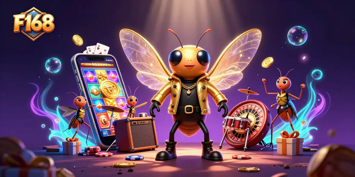Experience the excitement of F168 with a vibrant 3D casino scene featuring iconic gaming elements.