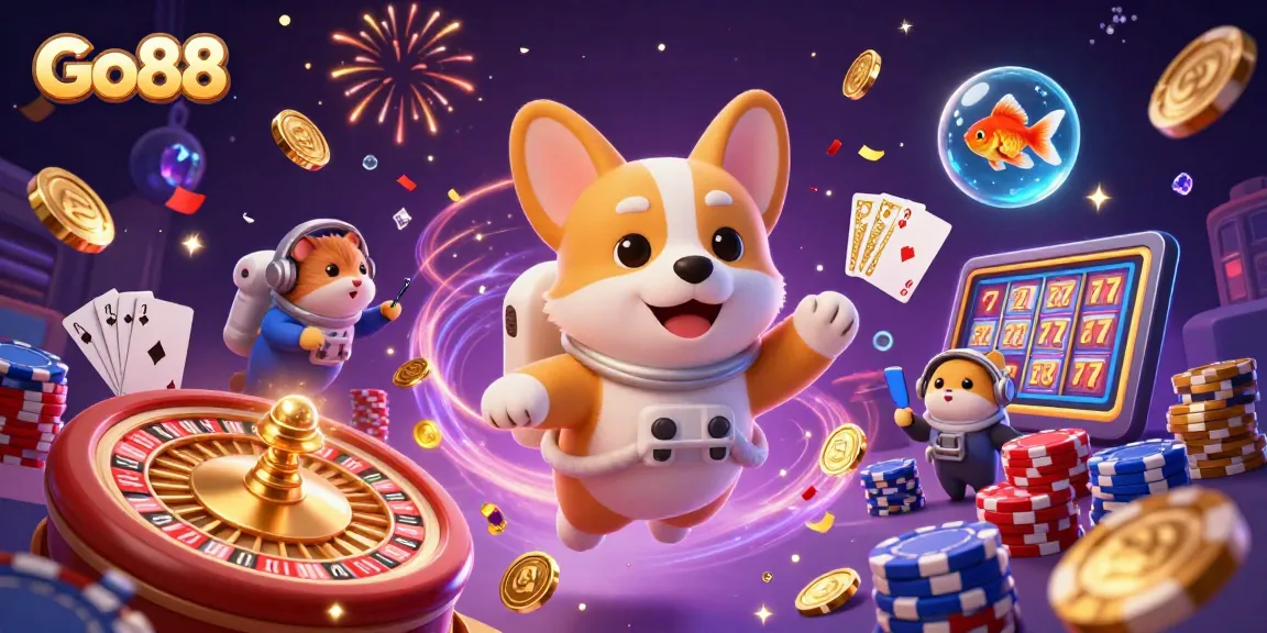 Experience the excitement of Go88 with a cosmic casino scene featuring floating poker chips and shimmering gems.